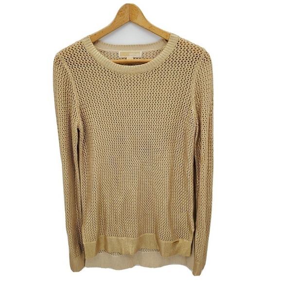 Michael Kors Womens Tunic Sweater Open Knit Gold Metallic Coated Size Medium - Picture 1 of 4